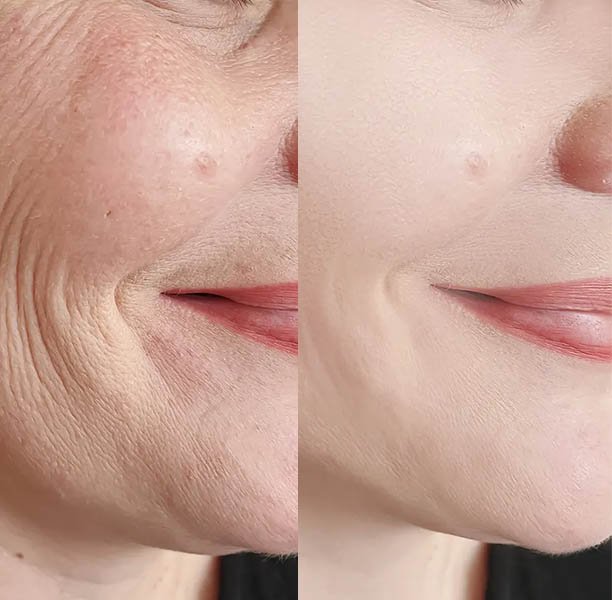 woman face wrinkles before and after treatment collage